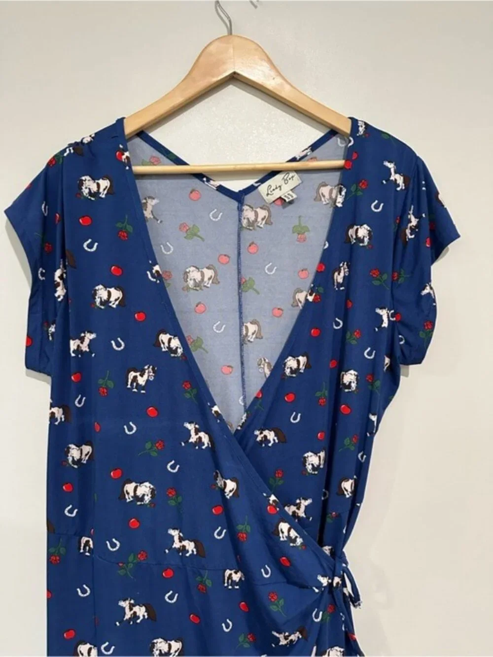 Lindy Bop Horse Print Wrap Midi Dress Blue Retro Cottagecore US 16 - Picture 4 of 7
